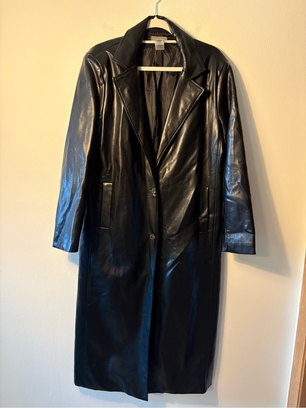 Sans Souci Black Faux Leather Longline Trench Coat Jacket Medium